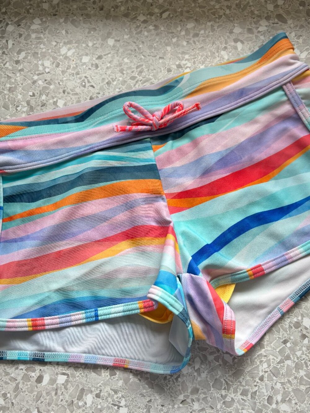 Athleta Girl Cannonball Swim Shorts Rainbow Stripe L 12 Board Shorts UPF